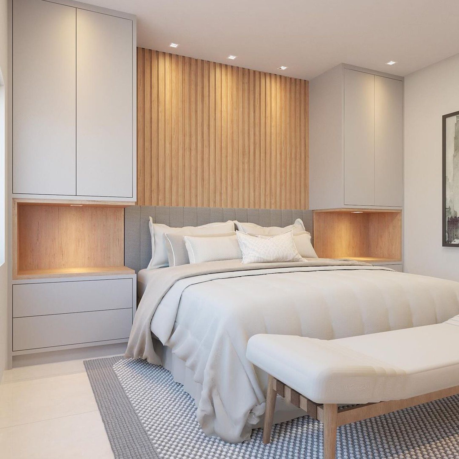 Elegant and modern bedroom featuring a wooden headboard panel