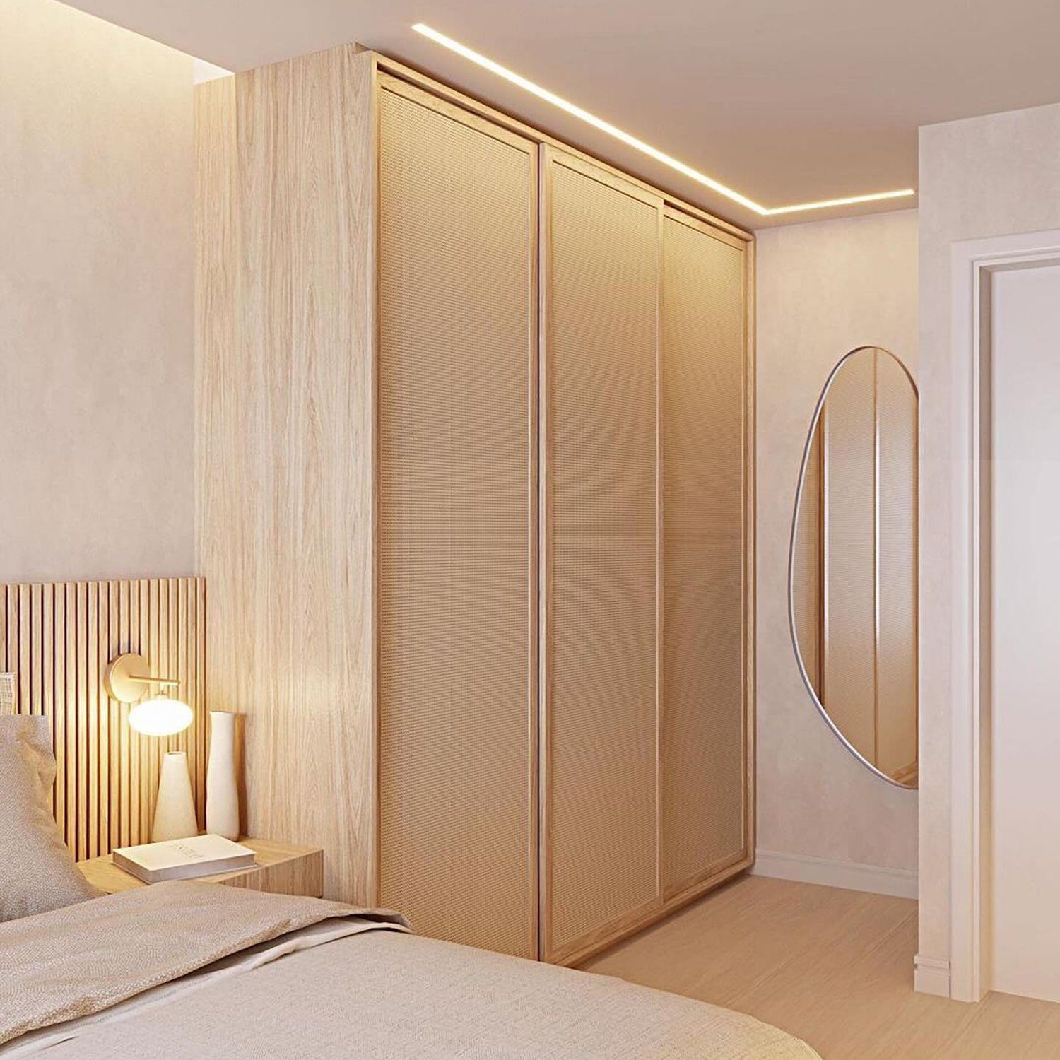 Elegant and modern bedroom with seamless integration of warm wood tones and subtle lighting