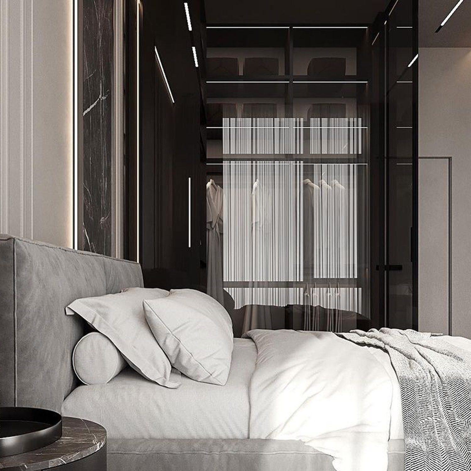 Elegant and modern bedroom design with a comfortable bed, sleek architectural lines, and a minimalistic color palette.