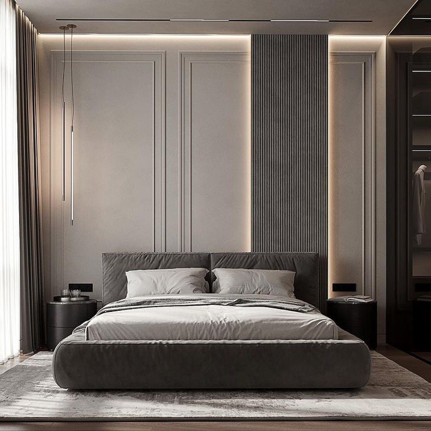 Modern bedroom design with decorative elements and ambient lighting