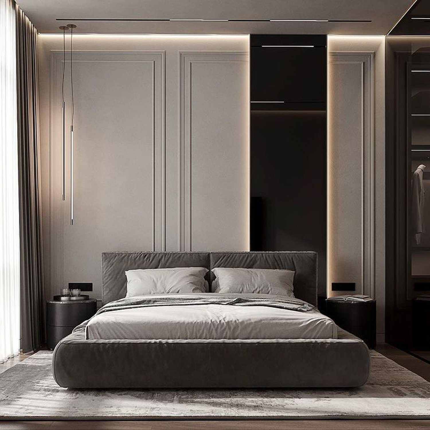 Elegantly appointed modern bedroom with subtle lighting