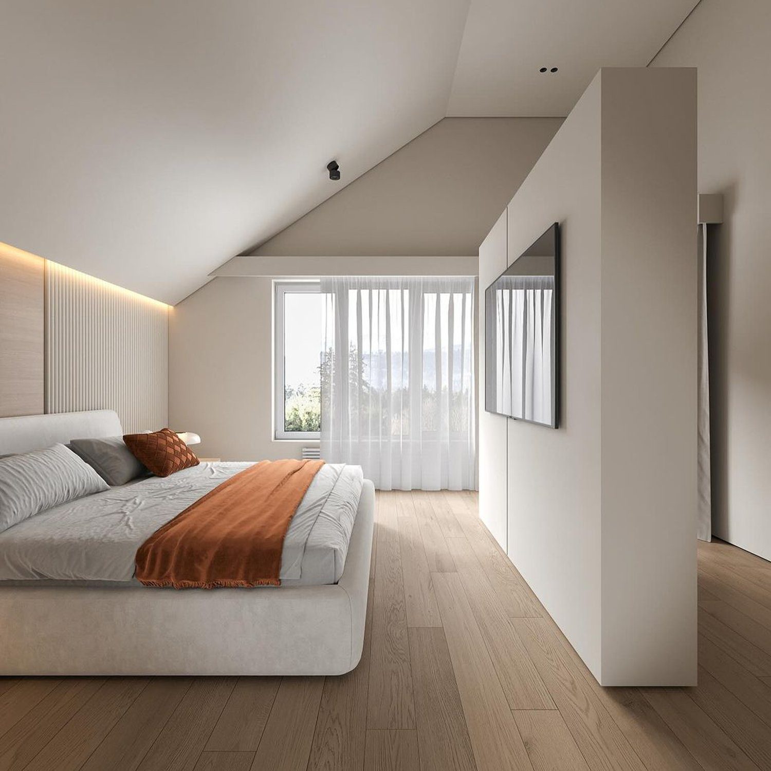 A minimally designed bedroom with an emphasis on open space and natural light