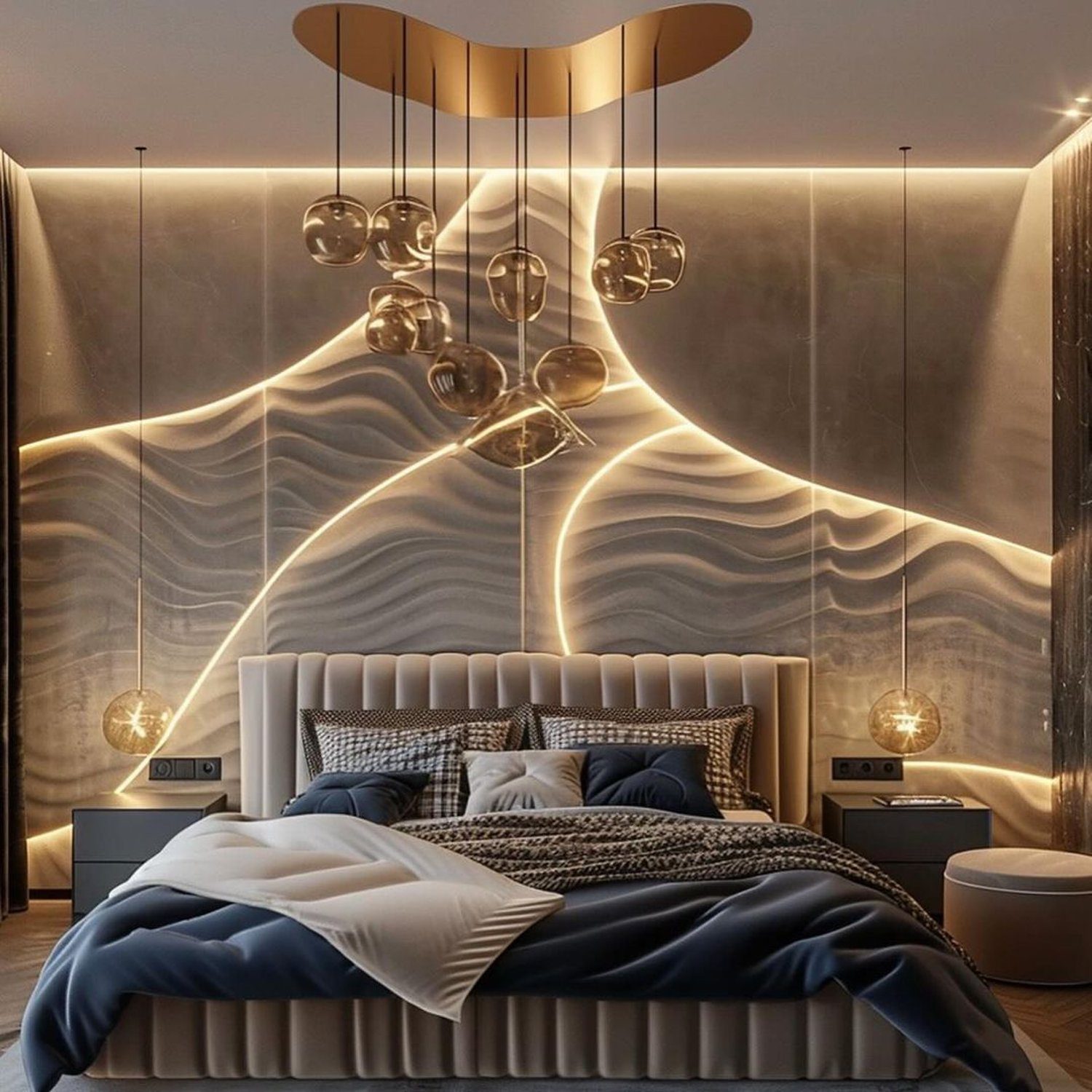 Elegant bedroom with illuminated feature wall