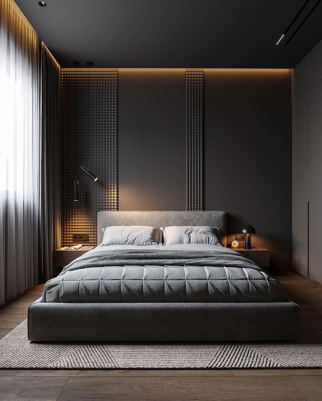 A modern bedroom with a minimalist aesthetic