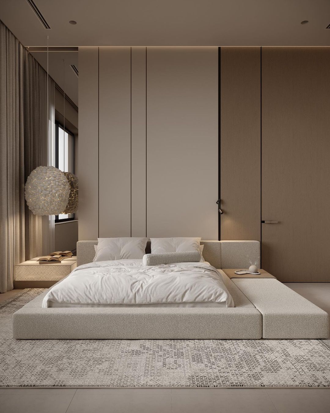 Modern minimalistic bedroom with a textured platform bed and harmonious earth tones