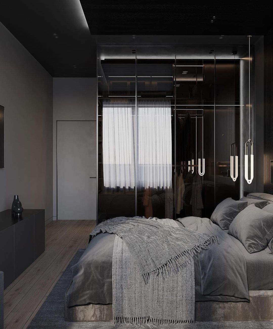 Sleek modern bedroom with a transparent wardrobe