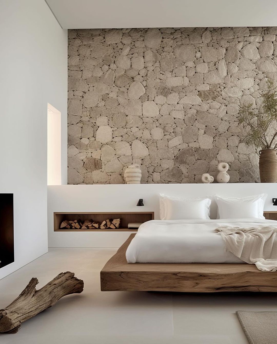 A minimalist bedroom featuring a raw textured wall and a wooden platform bed