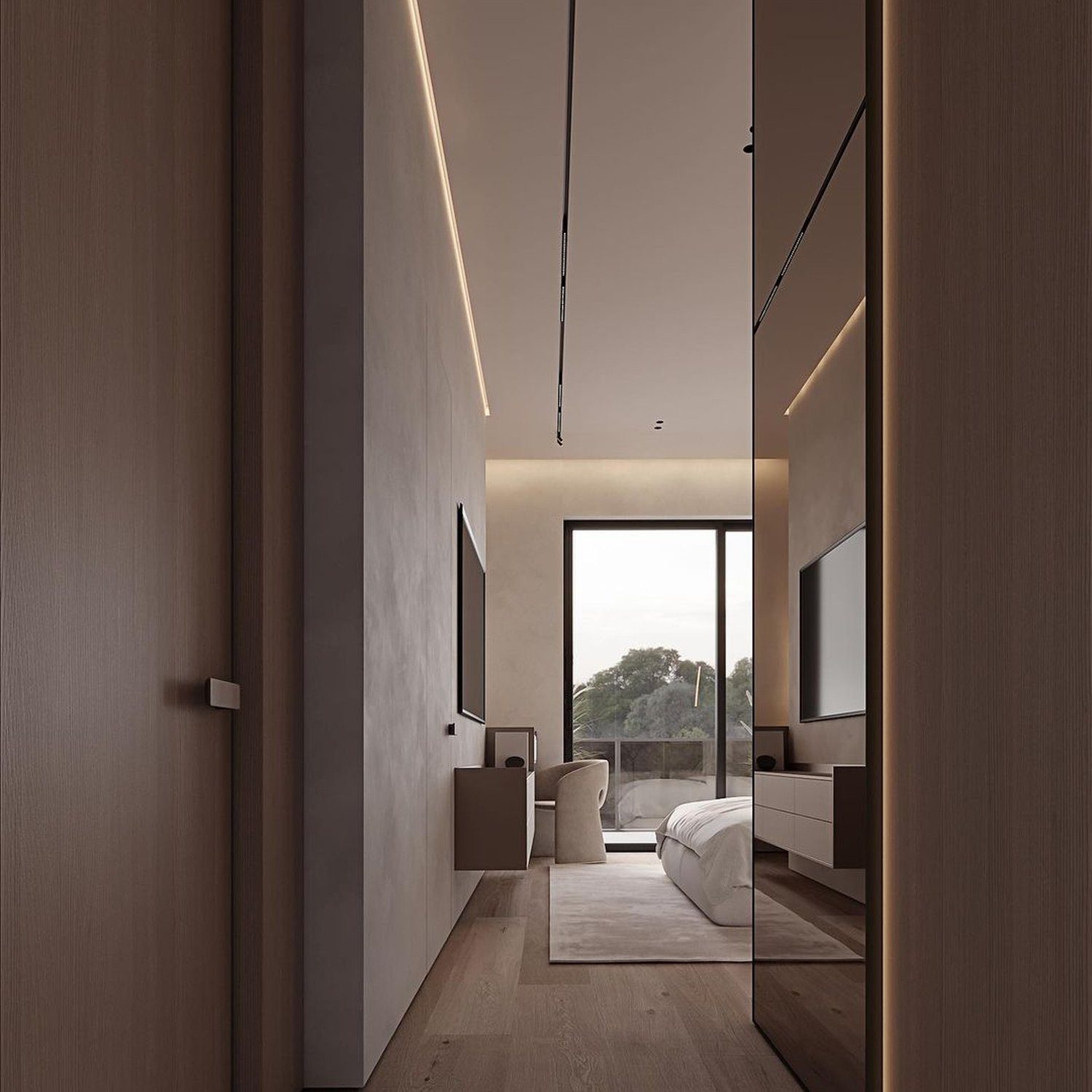 Elegant minimalist bedroom with harmonious wood tones