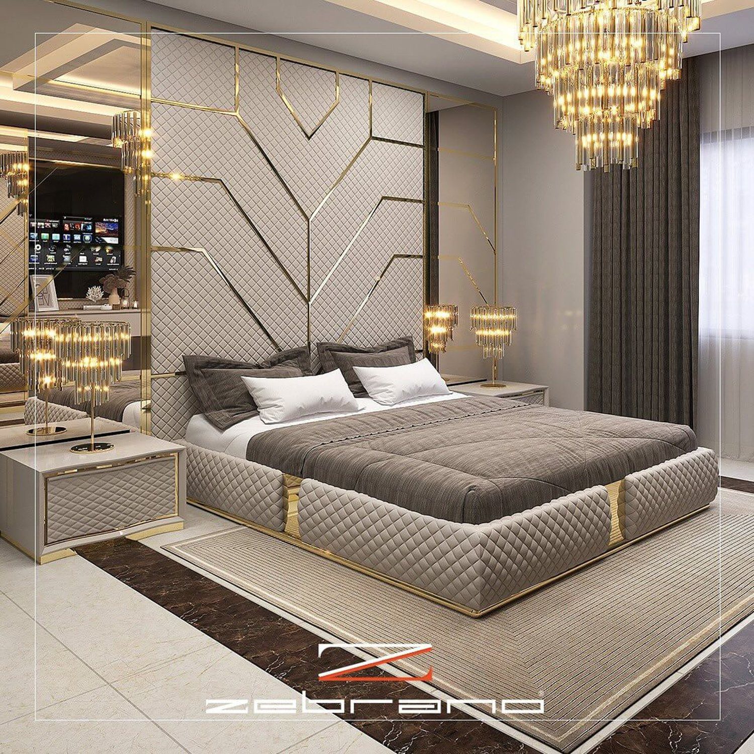 Luxurious modern bedroom with geometric patterned headboard