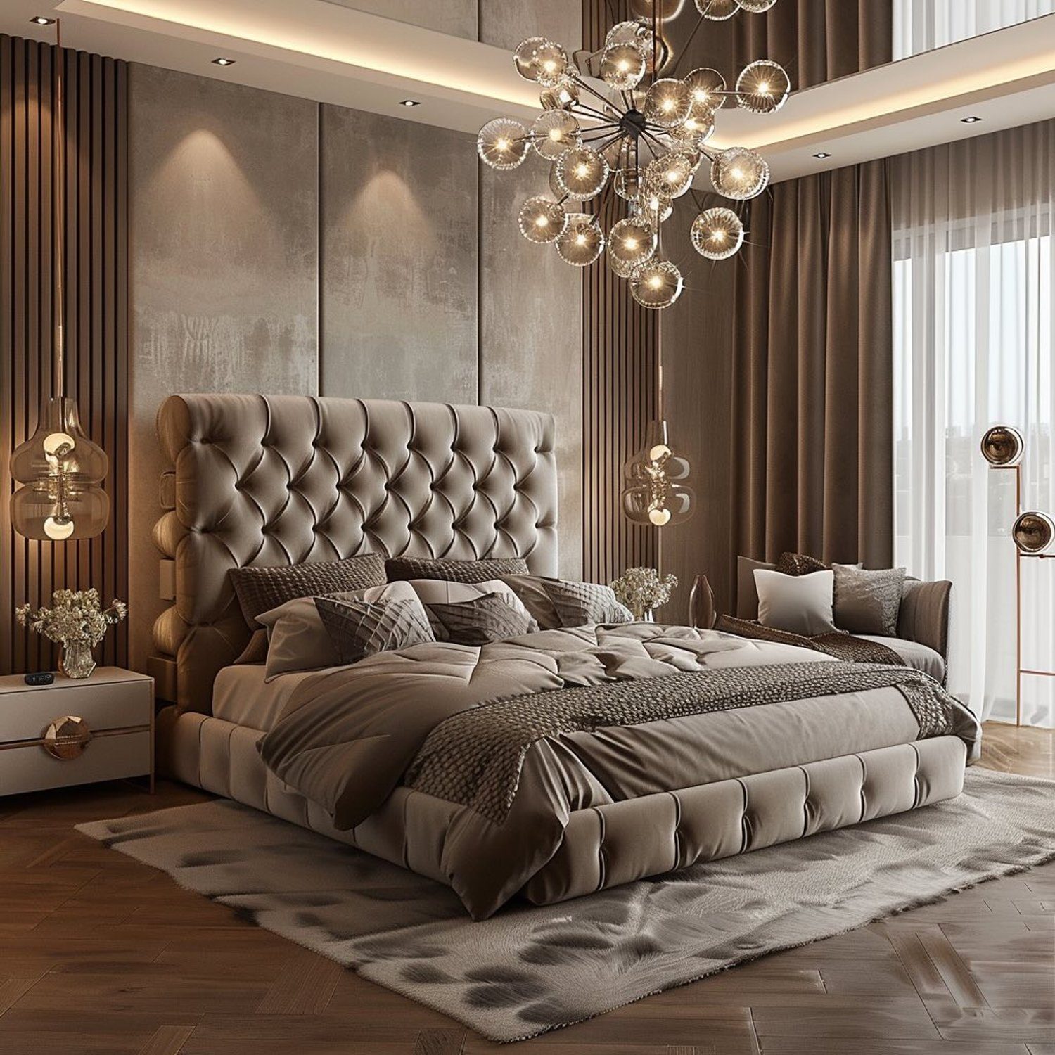 Luxurious bedroom with a plush tufted headboard