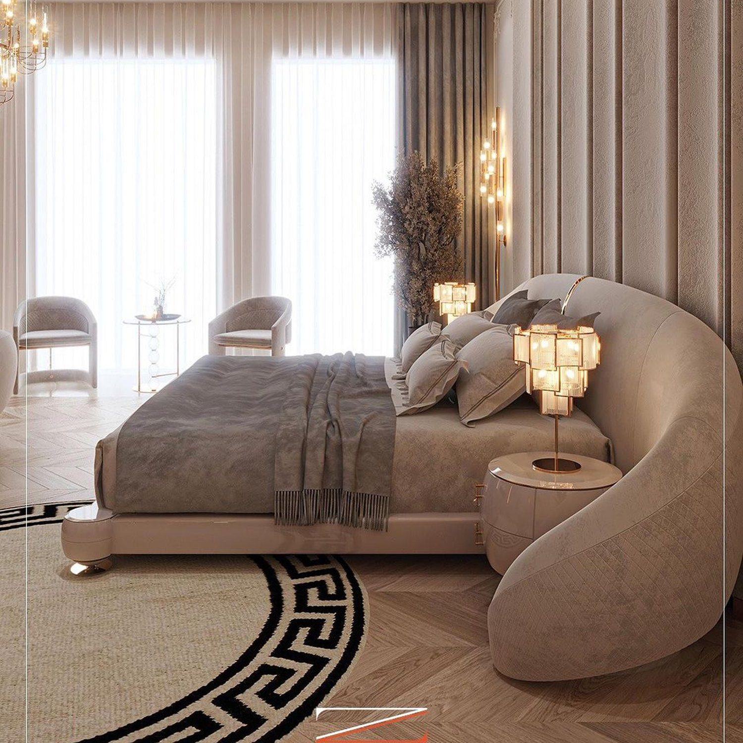 A luxurious and modern bedroom design featuring a curved bed, elegant lighting, and soft textures