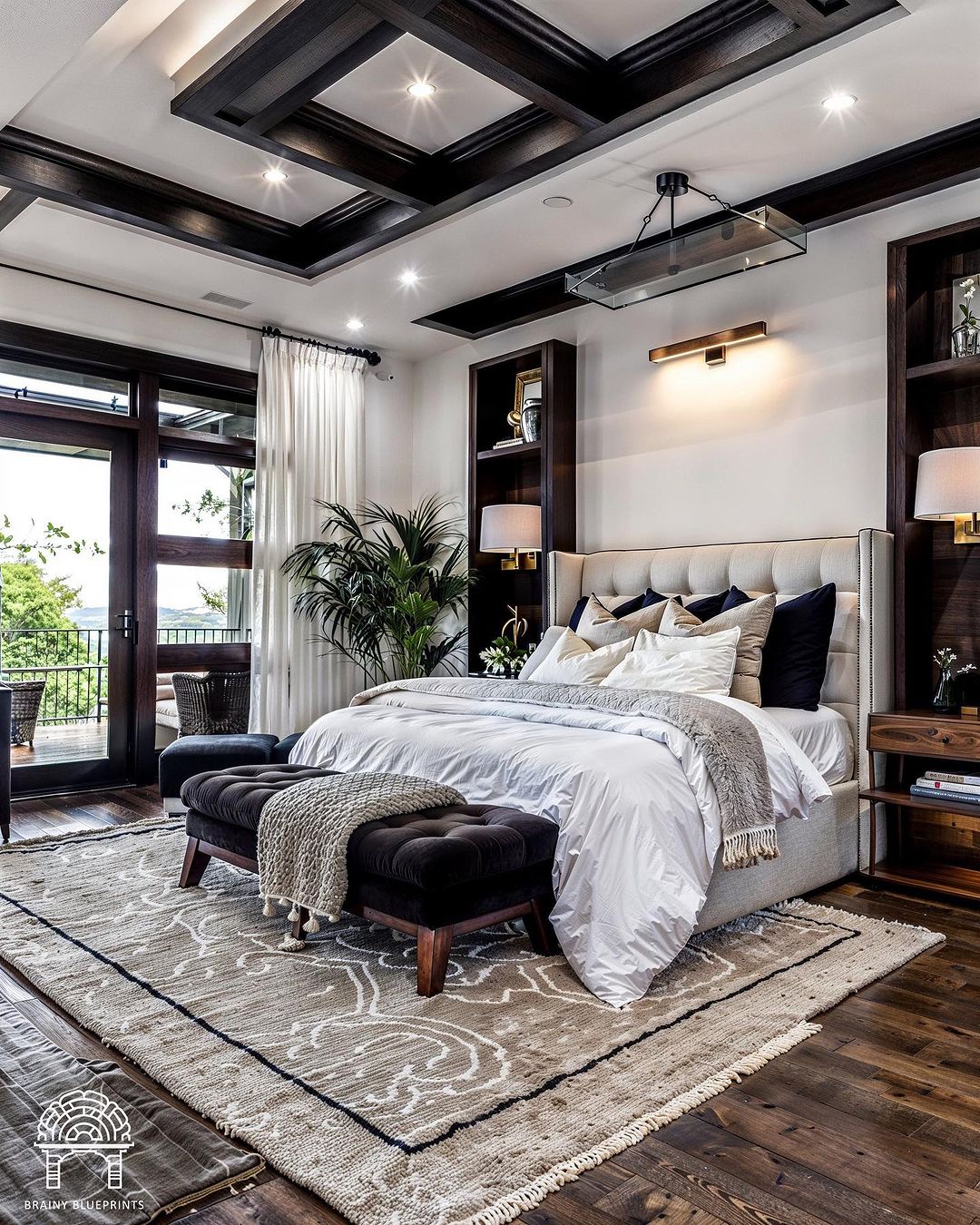 Luxurious modern bedroom with rich textures and dark wood tones