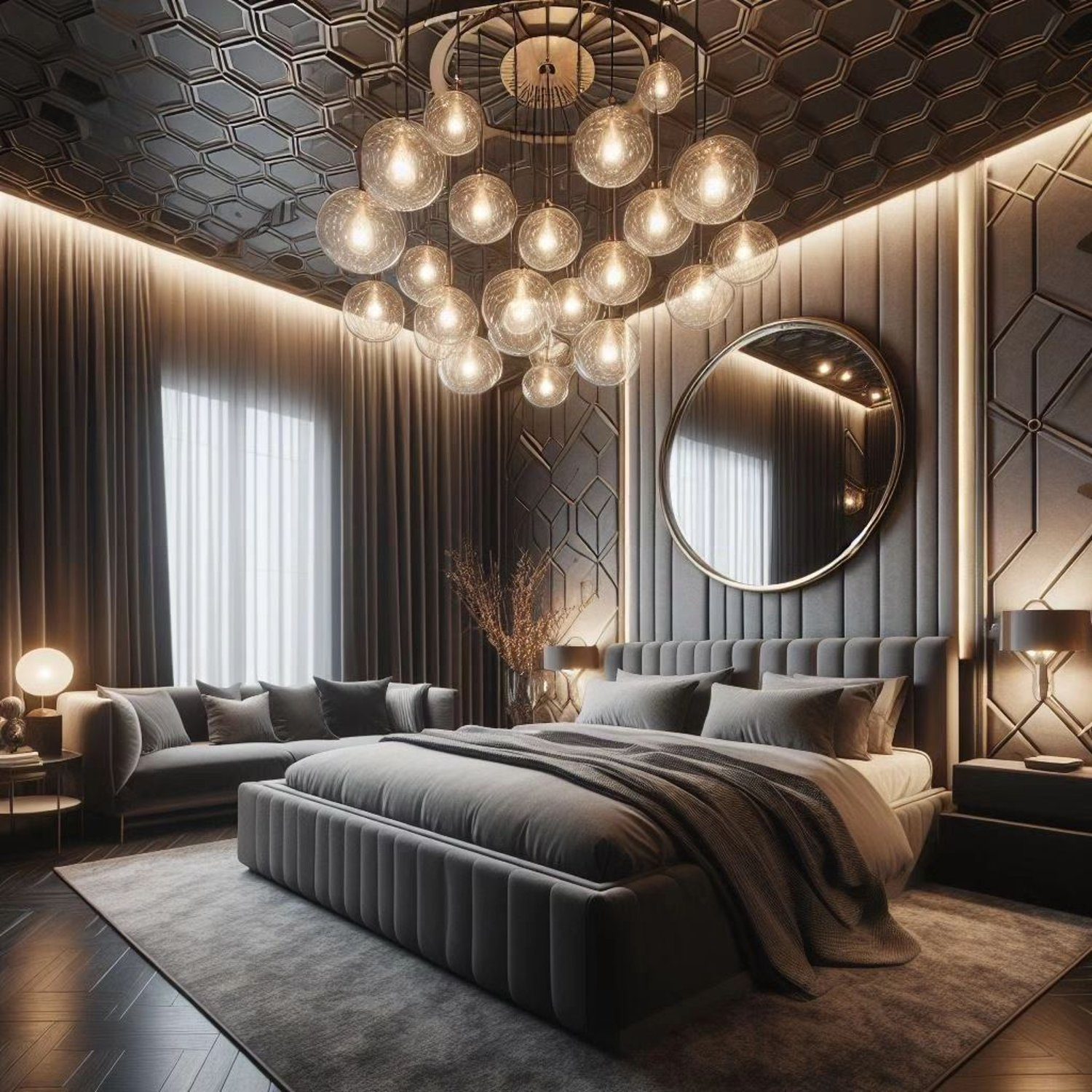 Elegant modern bedroom with luxurious lighting