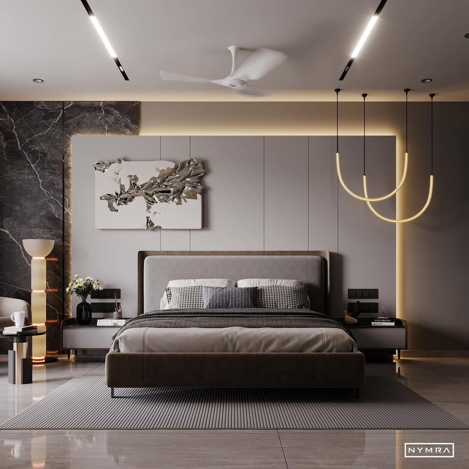 A sophisticated modern bedroom with a plush bed, sleek furnishings, and artistic touches