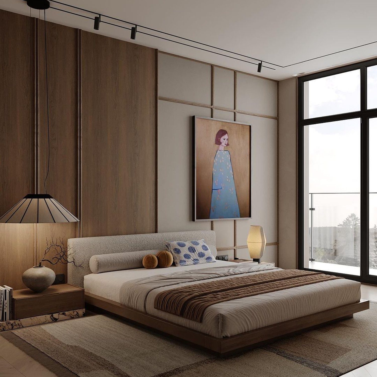 A modern bedroom featuring a stylish blend of warm wood tones and cool grays