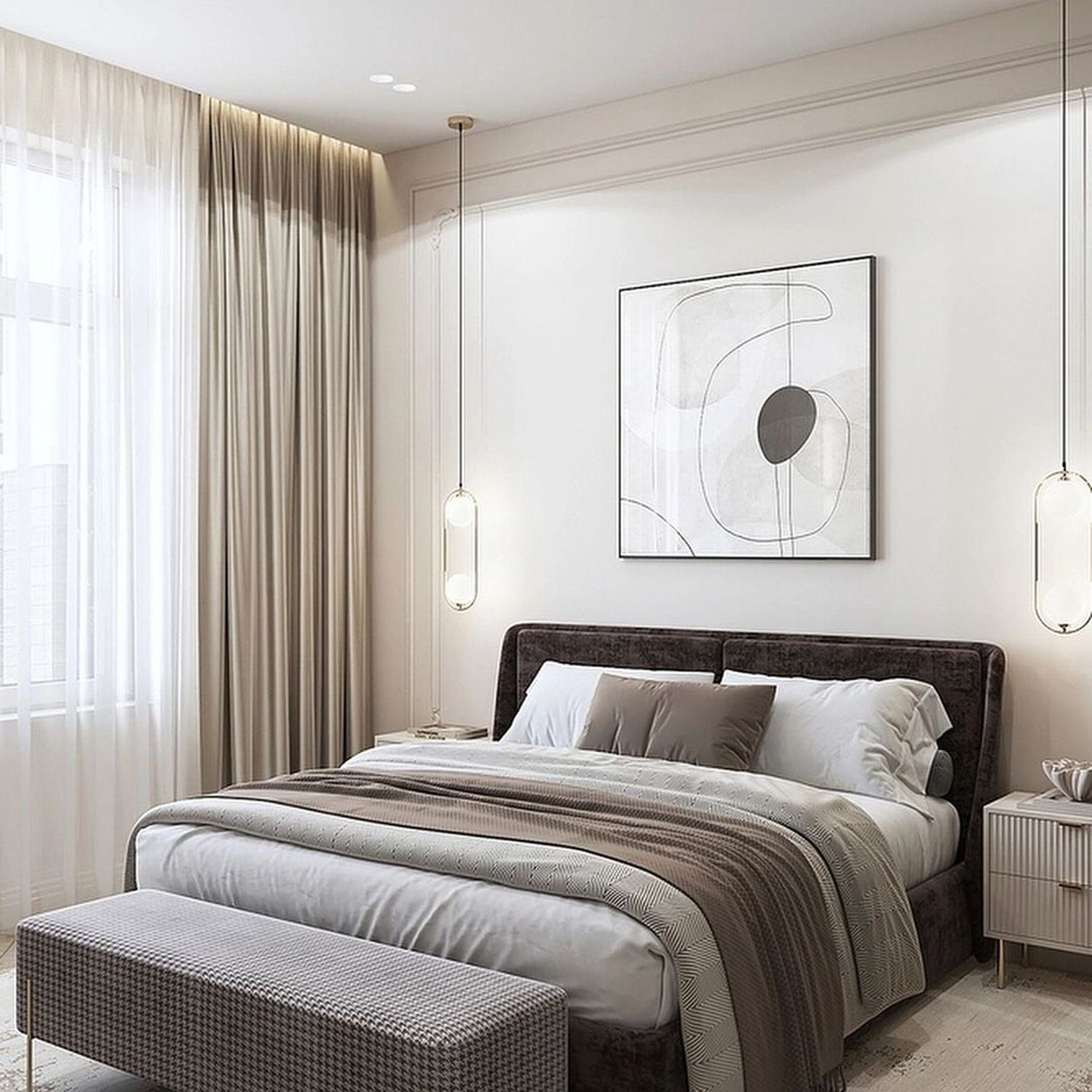 Elegant and modern bedroom design featuring a plush velvet bed, bedside lighting, and abstract artwork