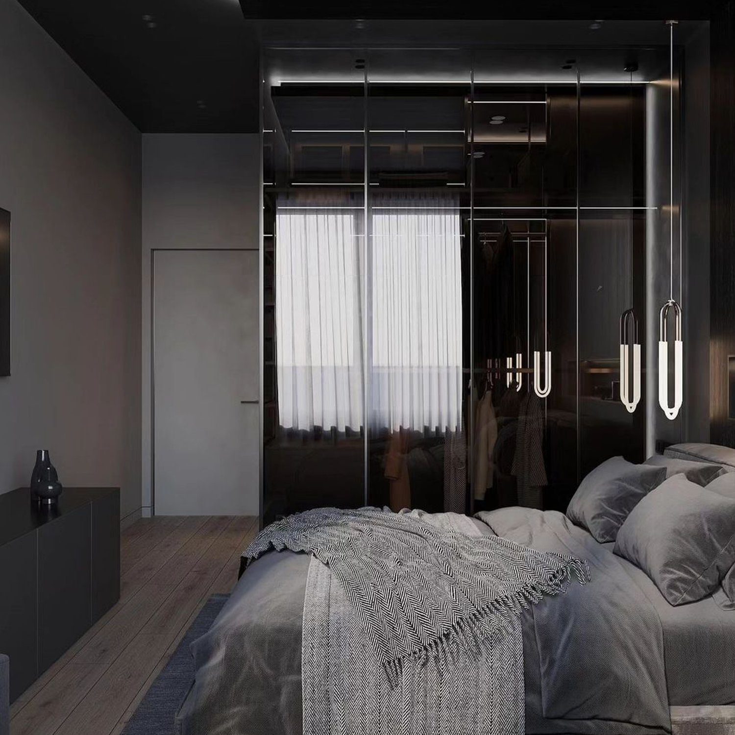 Sleek and modern bedroom with a unique pendant light design