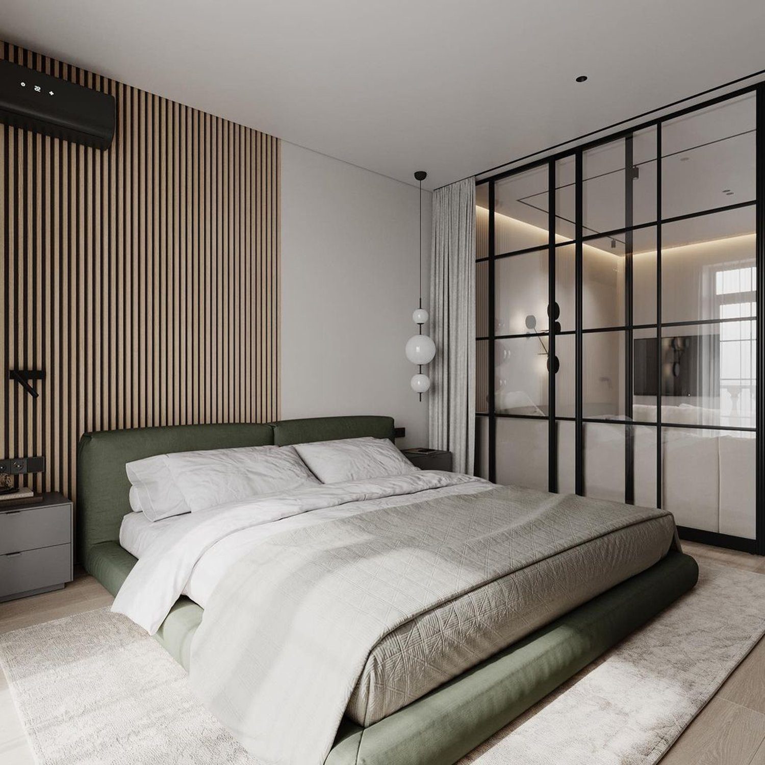 Elegant modern bedroom with a green velvet bed