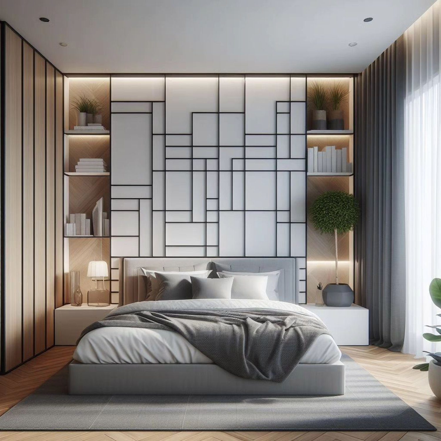 A modern bedroom with artistic wall panels