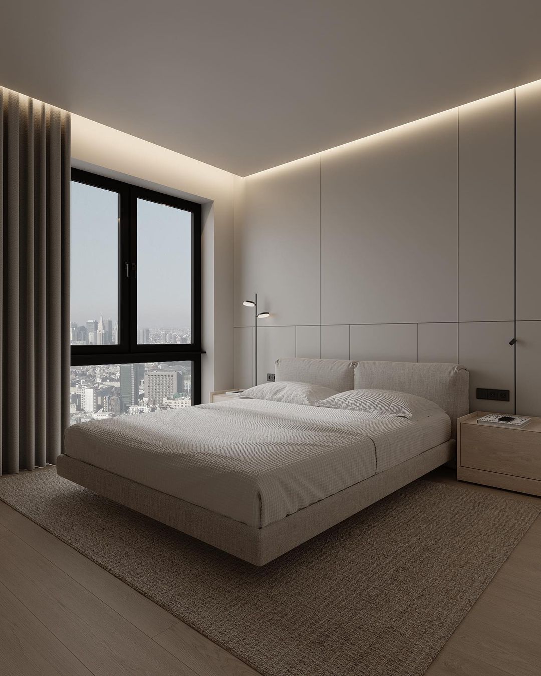 A minimalist bedroom with a panoramic view