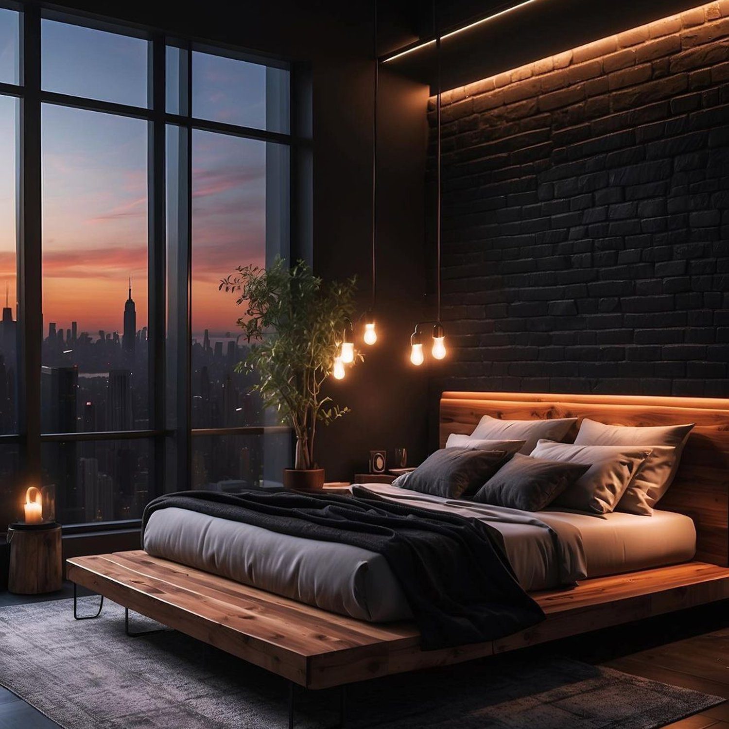 Cozy urban bedroom with a stunning sunset view