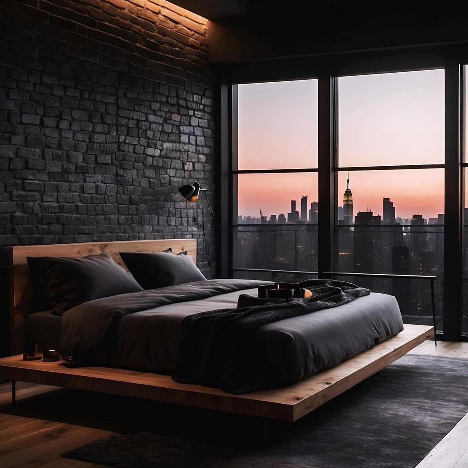 Stylish bedroom with a stunning view of the city skyline