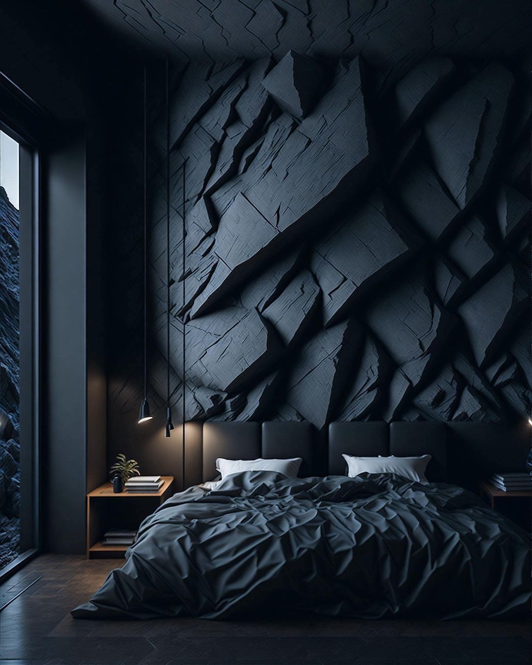 A modern bedroom with an artistic 3D wall design