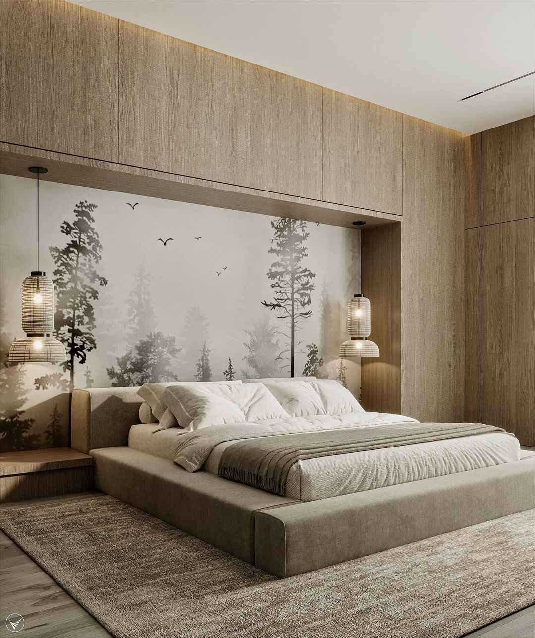 A serene bedroom with a nature-inspired mural