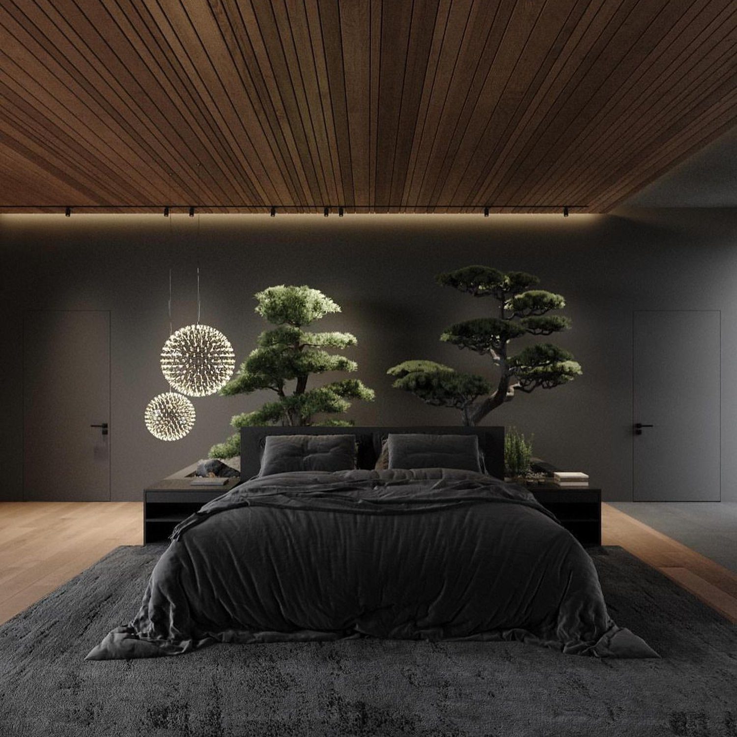 Elegant bedroom featuring bonsai trees