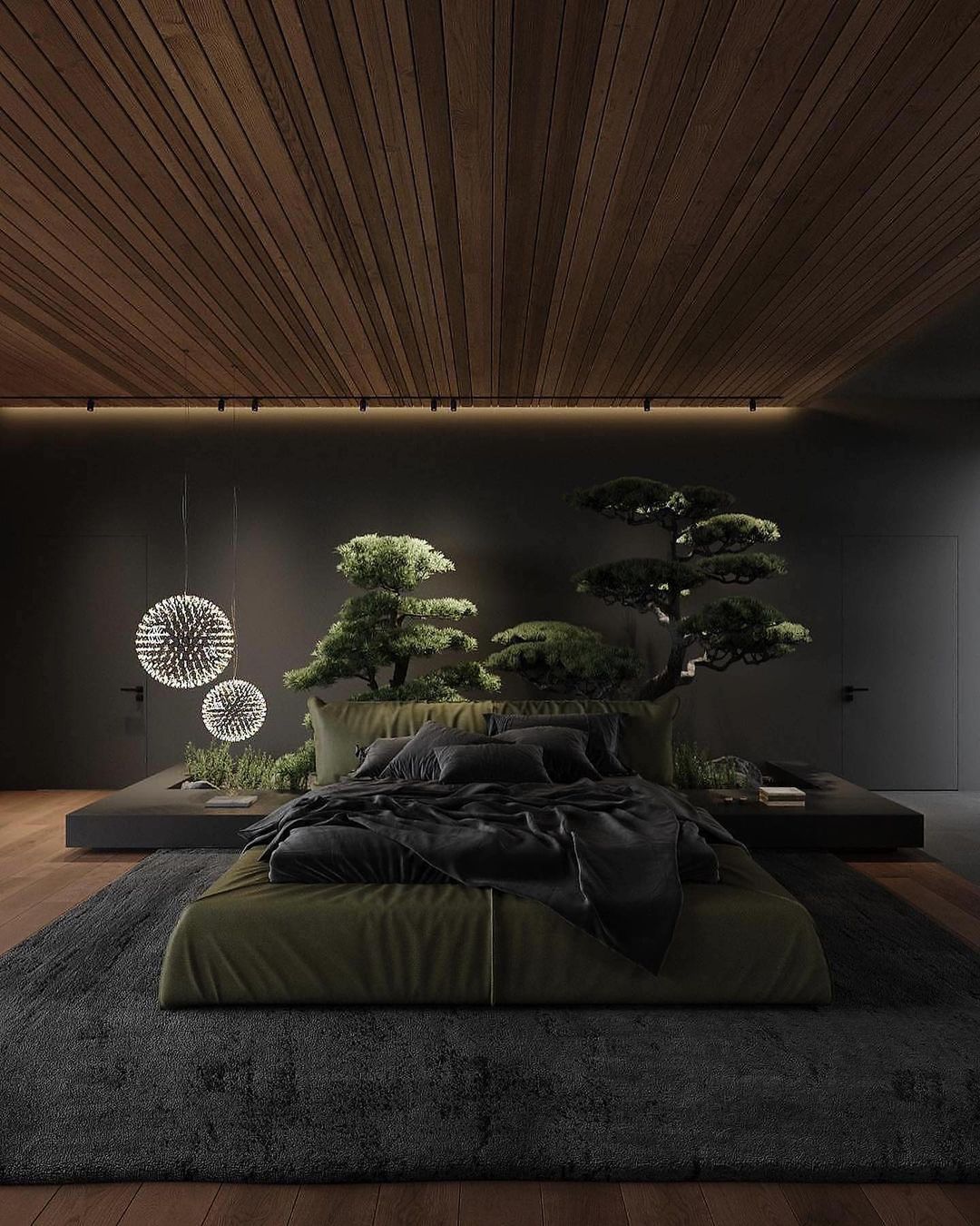 A serene and modern bedroom design featuring an expansive wooden ceiling, large bonsai trees as decor, and a low-profile bed with dark green bedding.