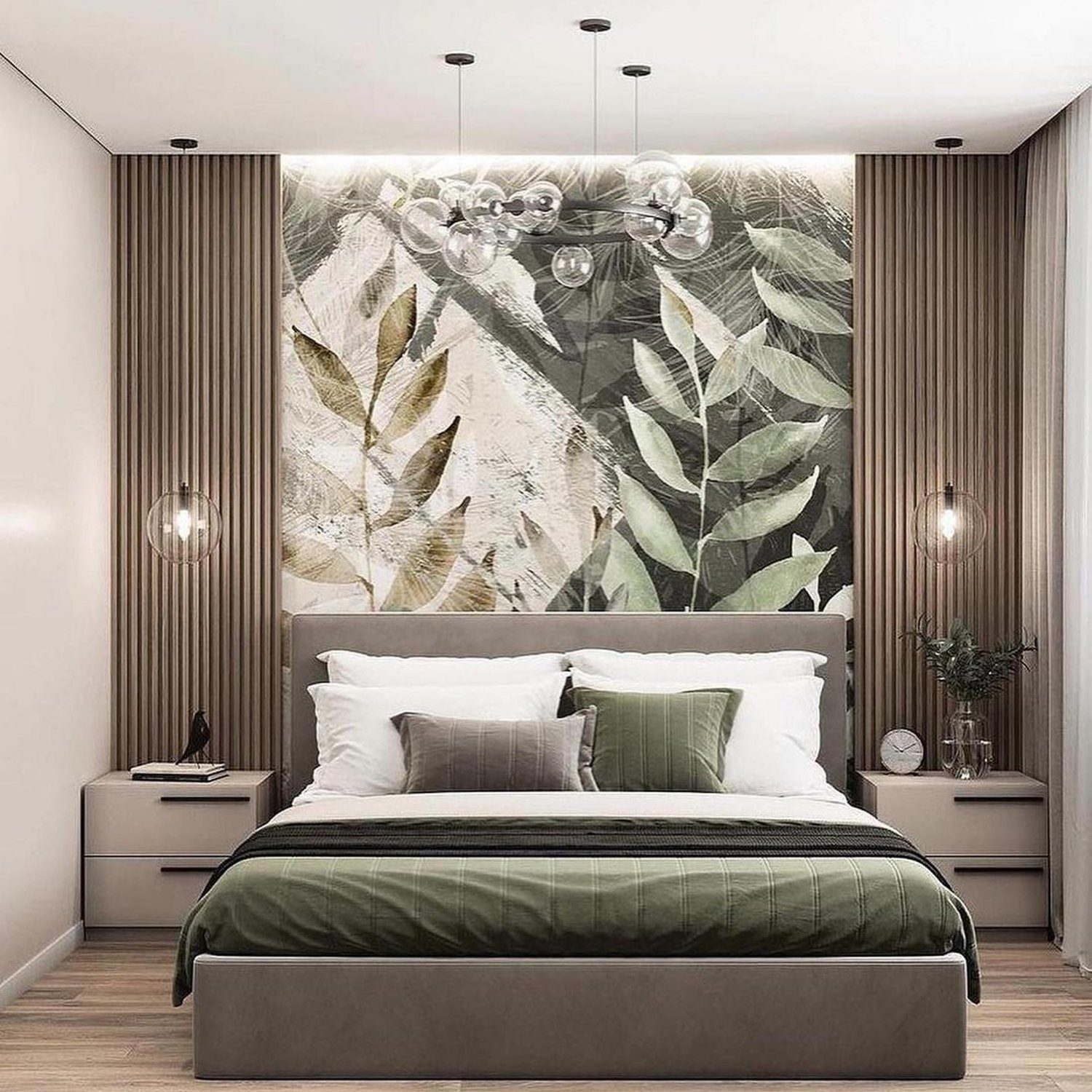 Elegantly designed bedroom with botanical artwork