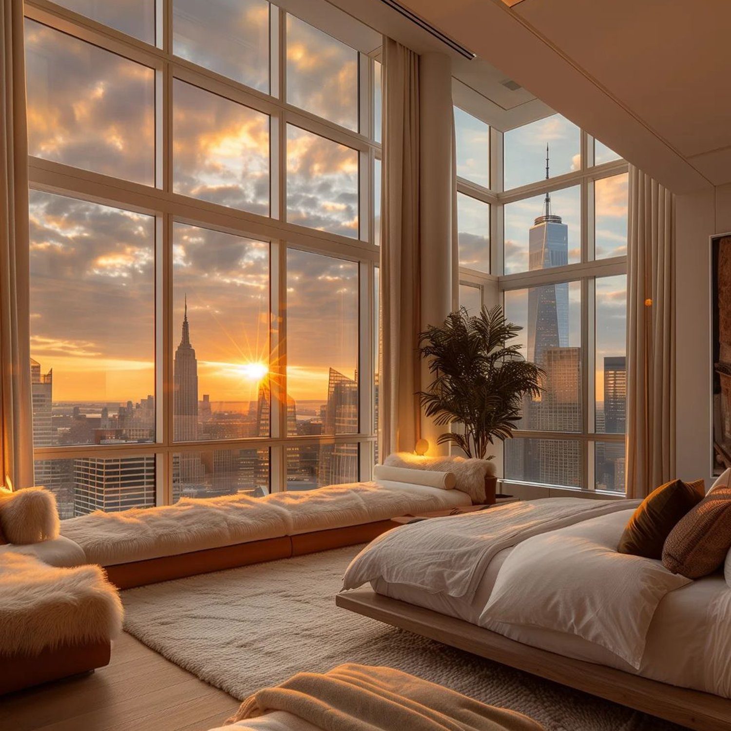 An exquisite bedroom with a breathtaking view of the sunset behind city skyline