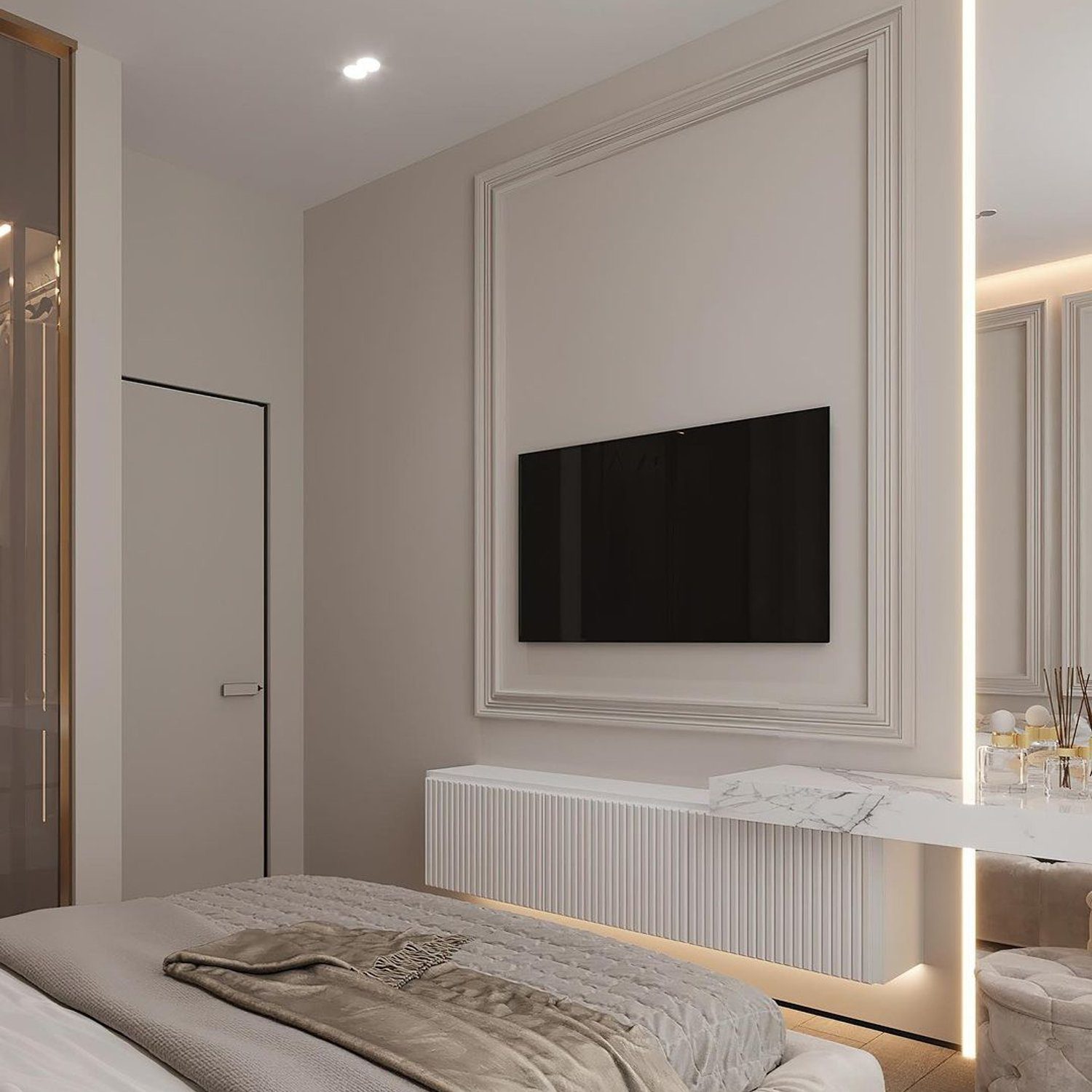 Elegant modern bedroom design with a mounted flat-screen TV framed within a decorative panel