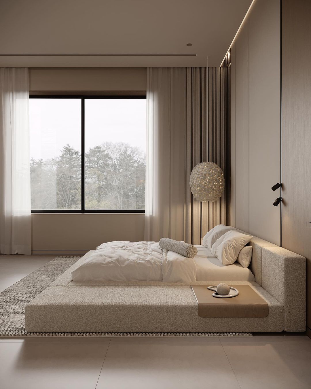 A modern bedroom showcasing minimalist design and earthy tones