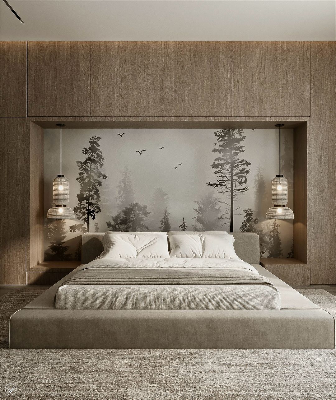 A serene bedroom sanctuary featuring a mural of a misty forest landscape