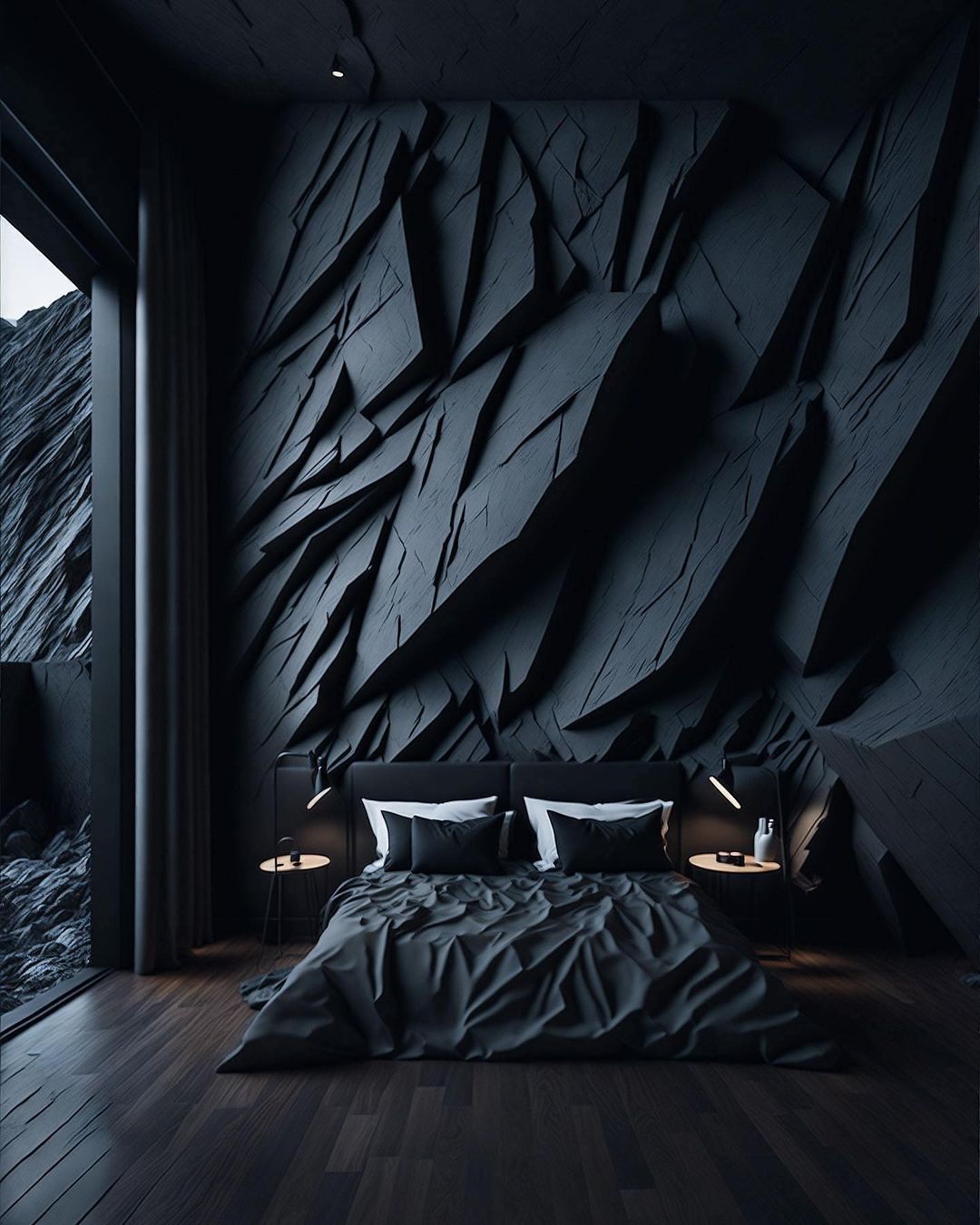 A dark-themed bedroom with an artistic 3D geometric feature wall