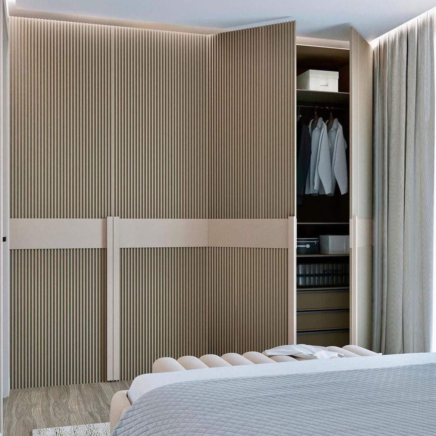 Elegant bedroom with maximized space utilization featuring a custom wardrobe