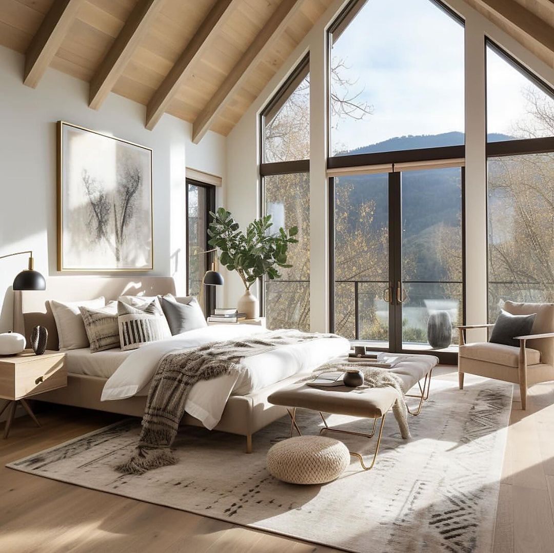 A serene bedroom with an expansive view