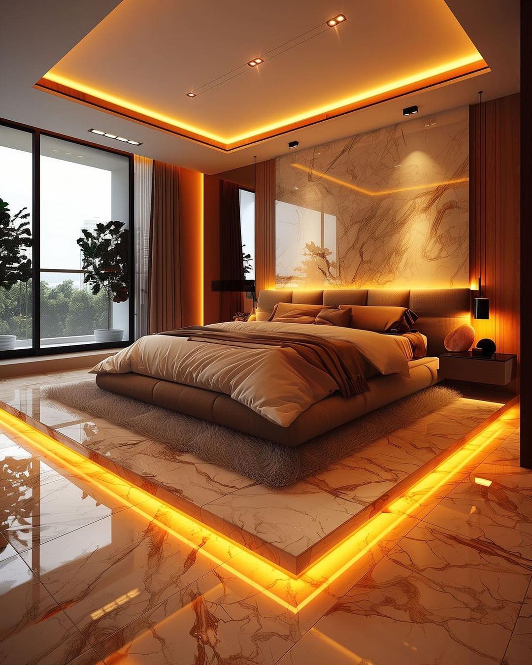 A modern bedroom with LED lighting