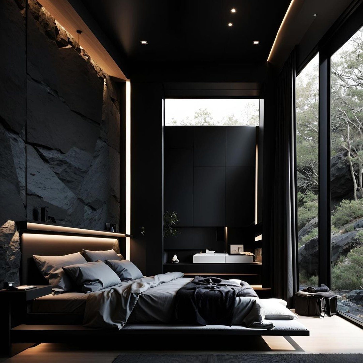 A sophisticated bedroom featuring a modern low-profile bed framed by natural rock walls and sumptous black finishes