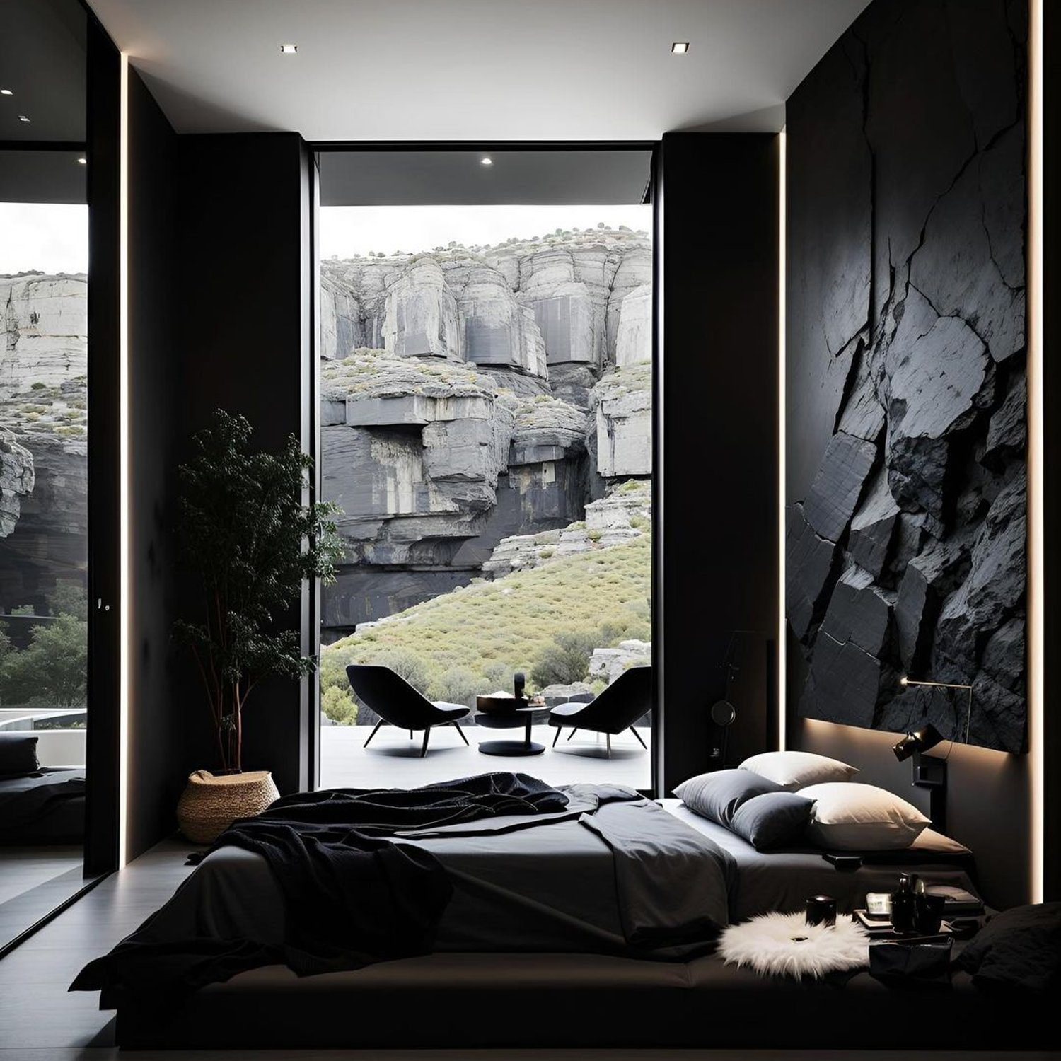 A luxurious bedroom with floor-to-ceiling windows overlooking rugged cliffs