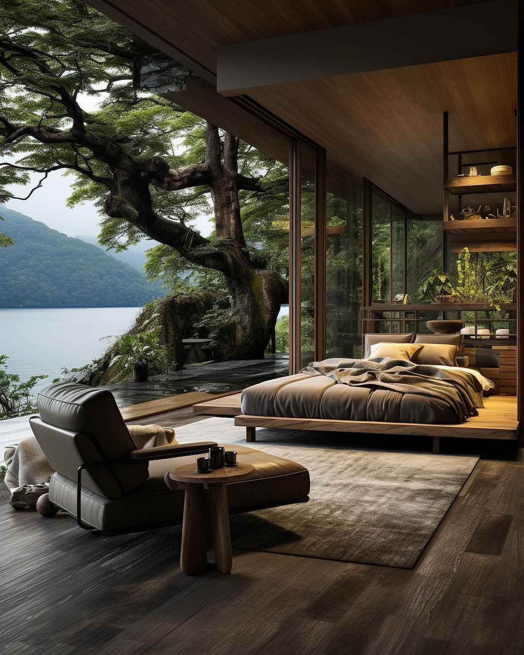 A serene bedroom overlooking a lush forest landscape, seamlessly blending indoor and outdoor spaces