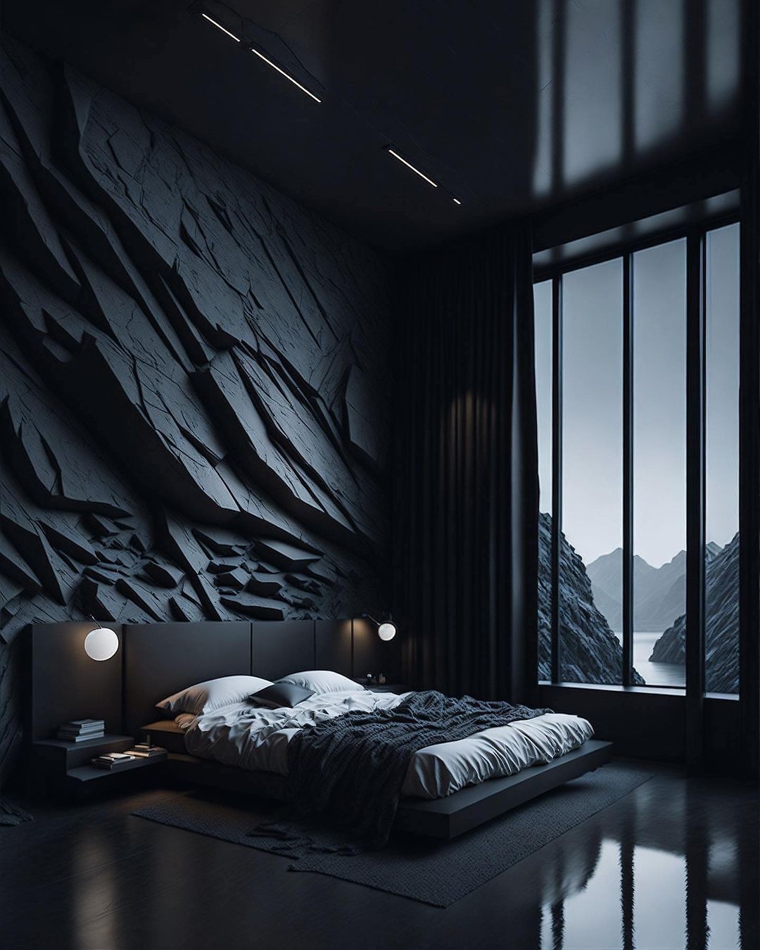 A modern bedroom with a unique rock wall feature