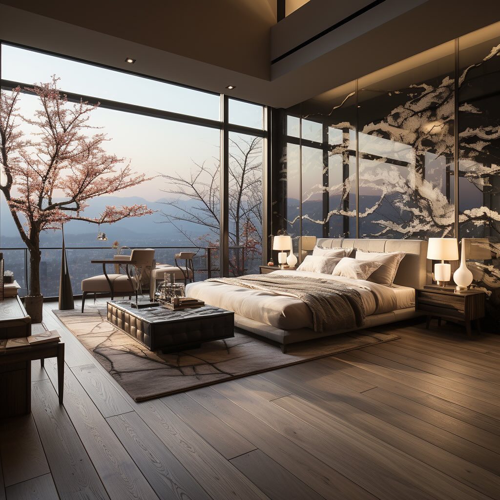 A serene bedroom with expansive views