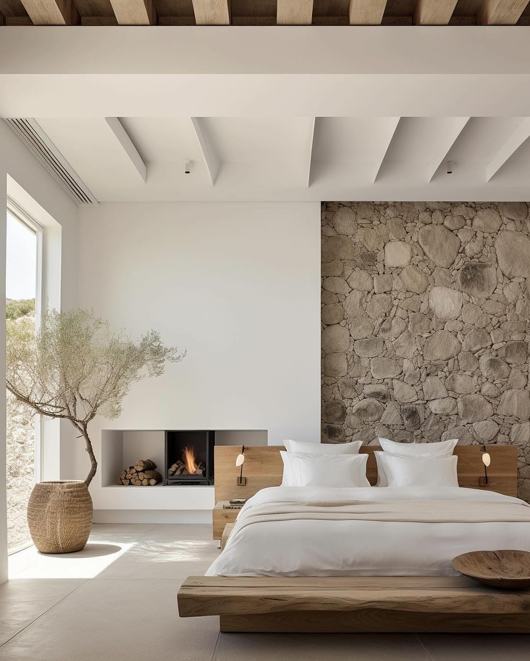 Modern and minimalist bedroom with natural texture contrast