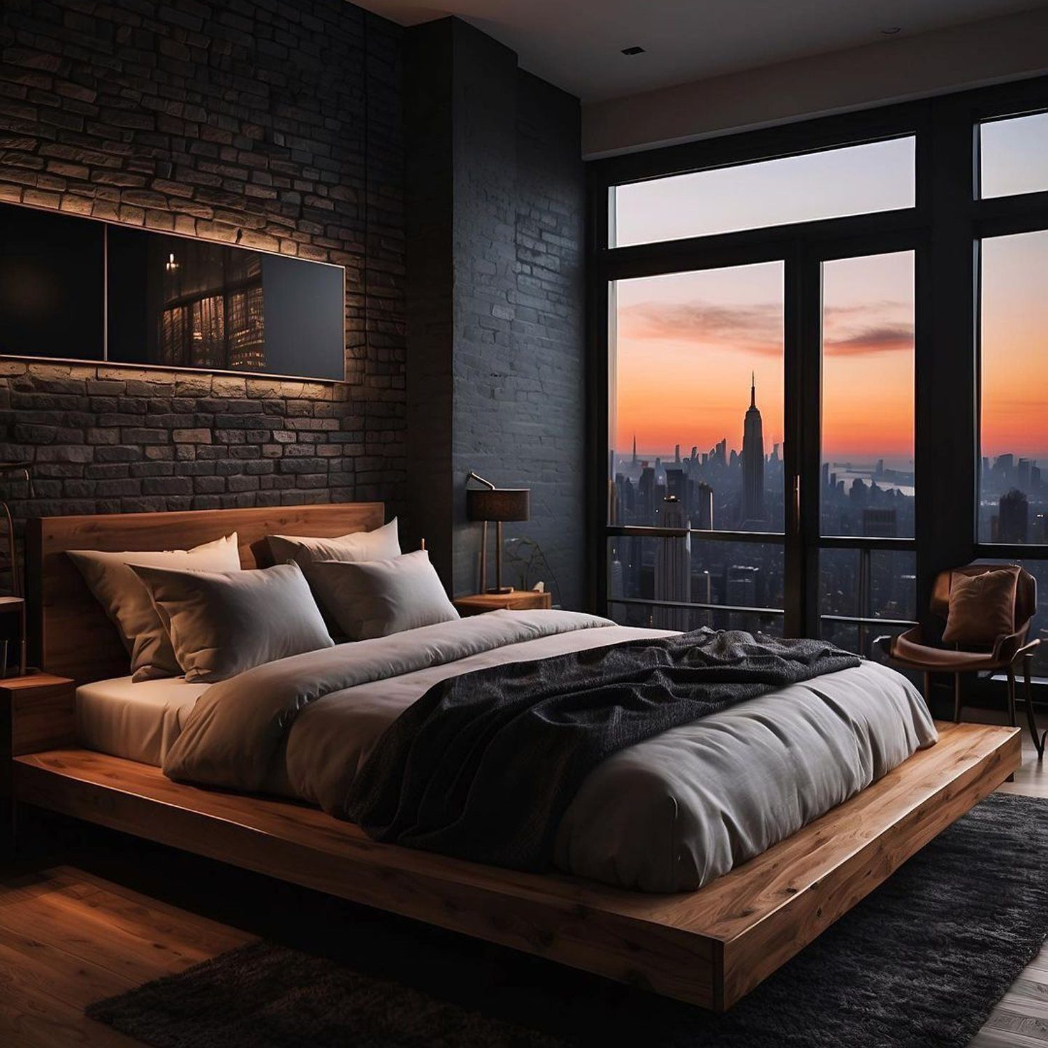 A modern urban bedroom with a stunning sunset view