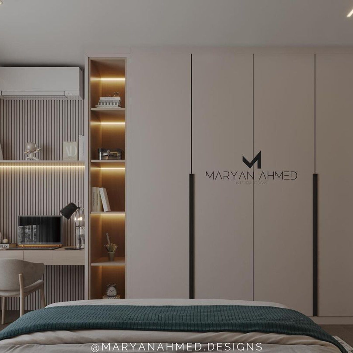 Elegant and modern bedroom design with an en-suite workspace