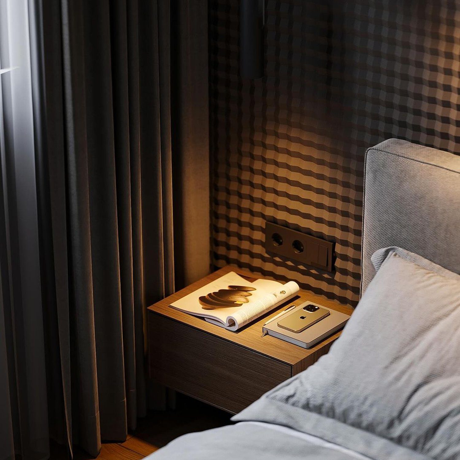 Cozy bedroom corner with a stylish bedside reading setup