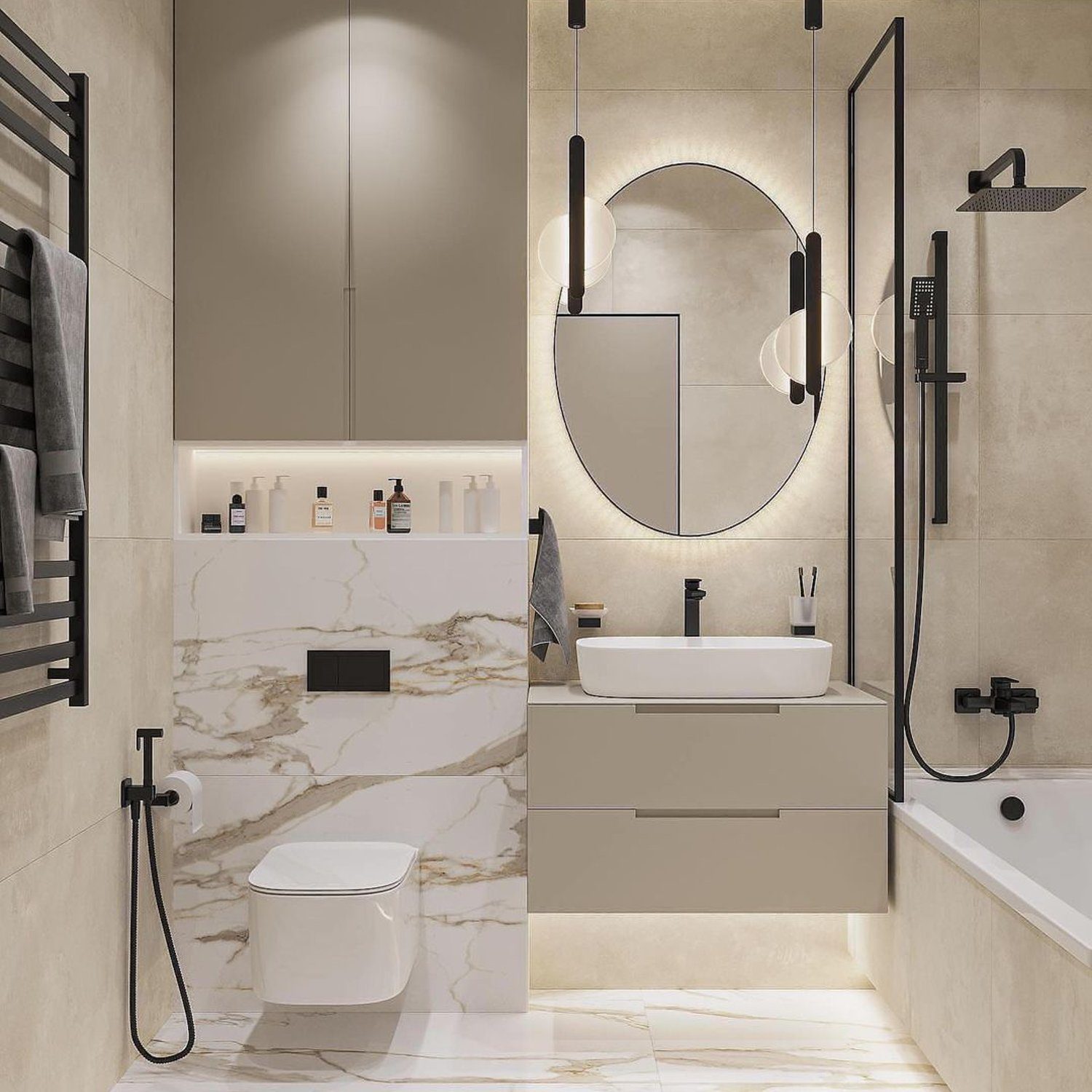 Contemporary beige bathroom with marble accents and sleek fixtures