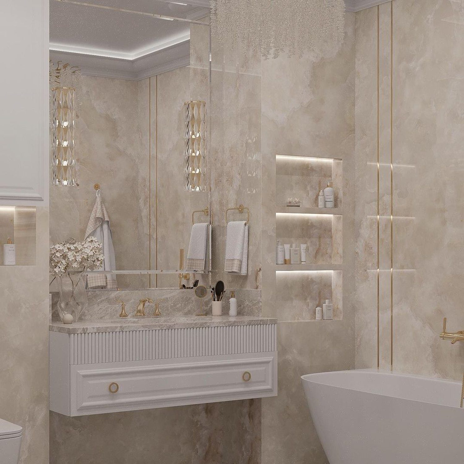 Elegant beige-toned bathroom with luxurious finishes